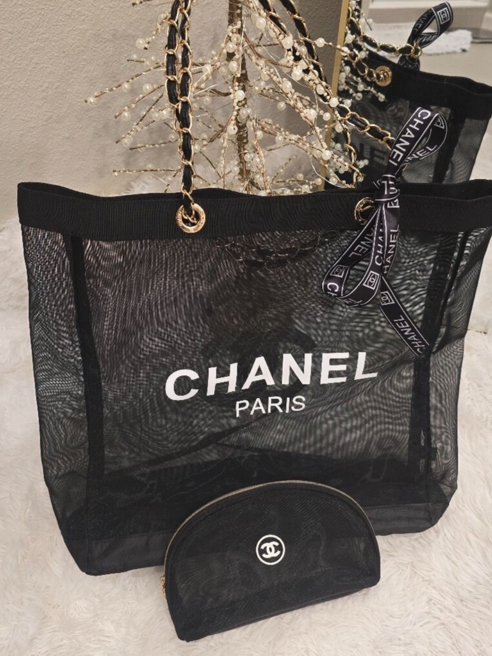 CHANEL Beauty Black Mesh Tote Bag + Matching Cosmetic Pouch 2-Piece Set 🖤🤍